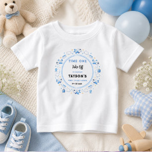 Blue White Plane 1st Birthday Time One Take Off Baby T-Shirt