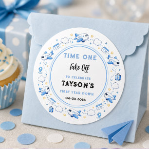 Blue White Plane 1st Birthday Time One Take Off Classic Round Sticker