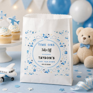 Blue White Plane 1st Birthday Time One Take Off Favour Bag