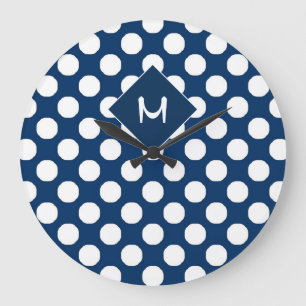 Blue White Polka Dot Pattern Monogram Large Clock