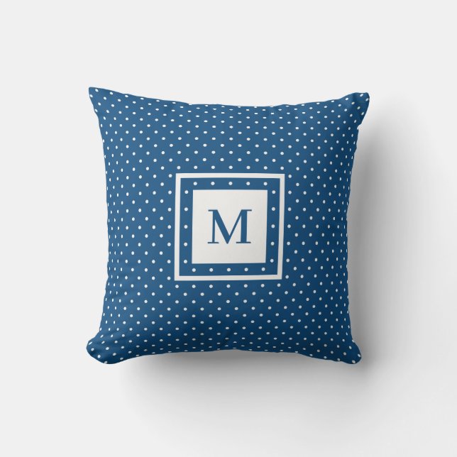 Blue White Polka Dot Pattern with Modern Monogram Cushion (Front)