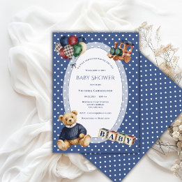 Blue & White Polkadot Teddy Bear Vintage Toys Invitation