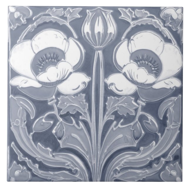 Blue & White Poppy Flower Deco Nouveau Folk Art Ceramic Tile (Front)