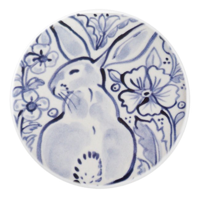 Blue White Pretty Floral Rabbit Drawer Knob Pull (Front)