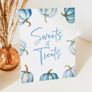 Blue White Pumpkin Fall Sweets and Treats Pedestal Sign