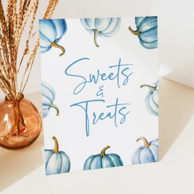 Blue White Pumpkin Fall Sweets and Treats Pedestal Sign (Creator Uploaded)