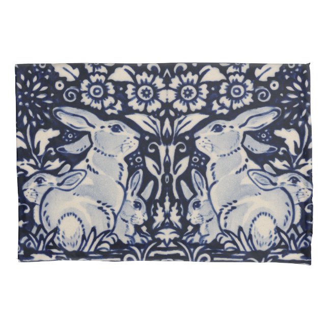 Blue & White Rabbit Baby Bunny Family Elegant Navy Pillowcase (Front)
