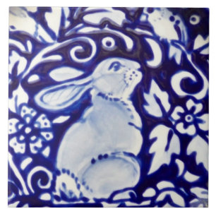Blue & White Rabbit Bird Floral Dedham Tile Trivet