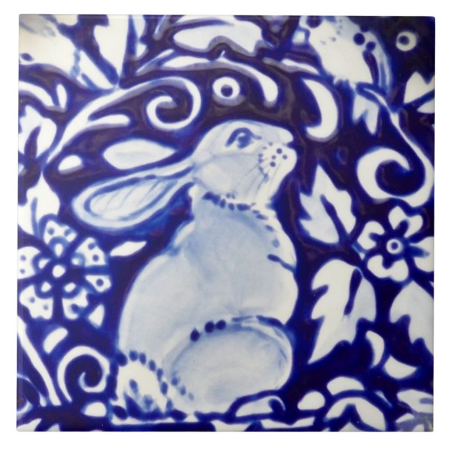 Blue & White Rabbit Bird Floral Dedham Tile Trivet (Front)