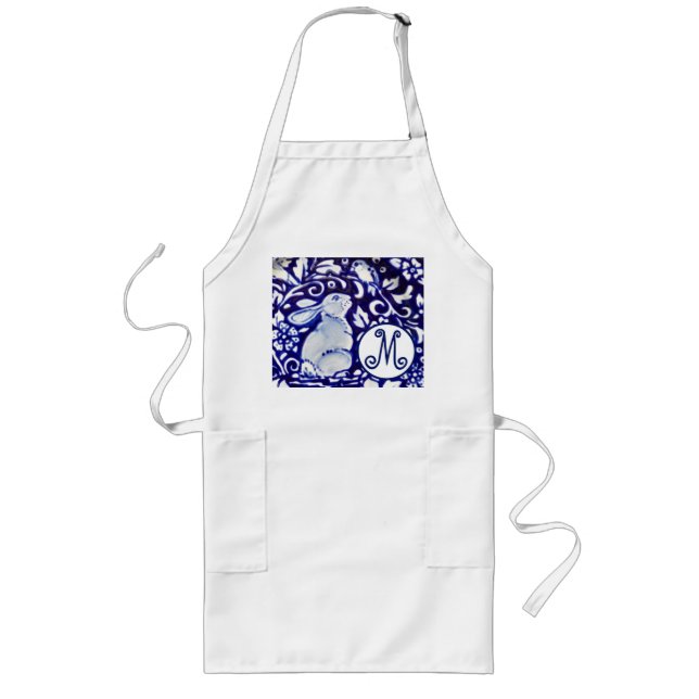 Blue White Rabbit Bird Floral Monogram Elegant Long Apron (Front)