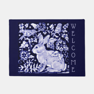 Blue & White Rabbit Bird Welcome Floral Dedham Doormat