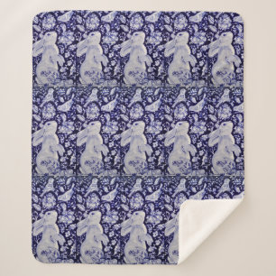 Blue & White Rabbit Bunny Bird Floral Chinoiserie Sherpa Blanket