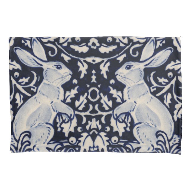 Blue & White Rabbit Bunny Elegant Art Full Queen Pillowcase (Front)