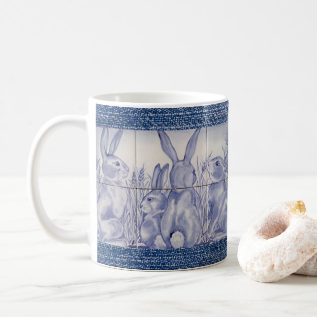 Blue & White Rabbit Bunny Family Tile on Denim Coffee Mug (With Donut)