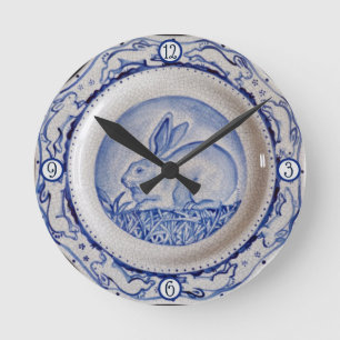 Blue & White Rabbit Bunny Plate Crackle Dedham Round Clock
