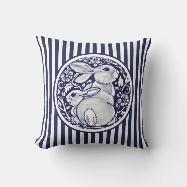 Blue & White Rabbit Bunny Stripes Dedham Floral Cushion (Front)