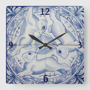 Blue & White Rabbit Bunny Three Hares Tile Decor Square Wall Clock