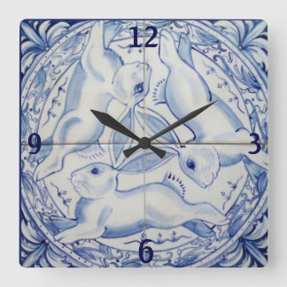 Blue & White Rabbit Bunny Three Hares Tile Decor Square Wall Clock
