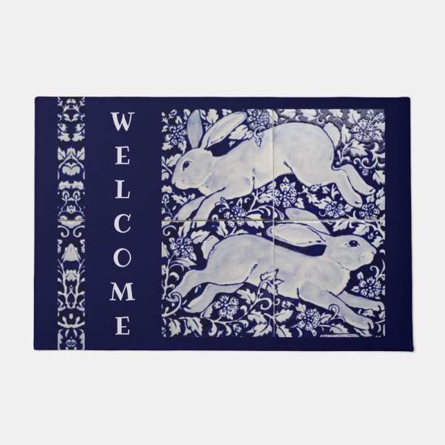 Blue White Rabbit Bunny Welcome Tile Art Large Doormat (Front)
