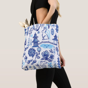 Blue & White Rabbit Chinoiserie Tote Bag
