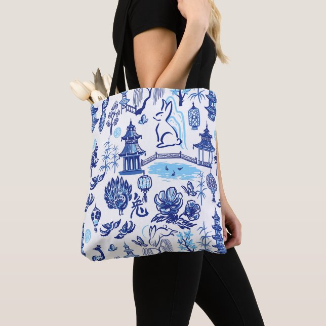 Blue & White Rabbit Chinoiserie Tote Bag (Close Up)