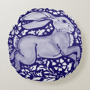 Blue & White Rabbit Dedham Delft Cottagecore Folk Round Cushion