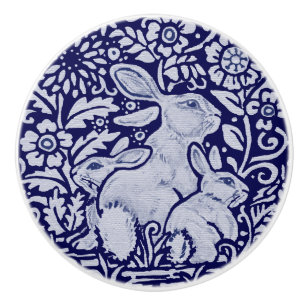 Blue & White Rabbit Family Drawer Pull Knob Dedham