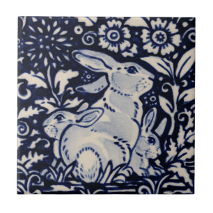 Blue White Rabbit Family Floral Chinoiserie Navy Ceramic Tile
