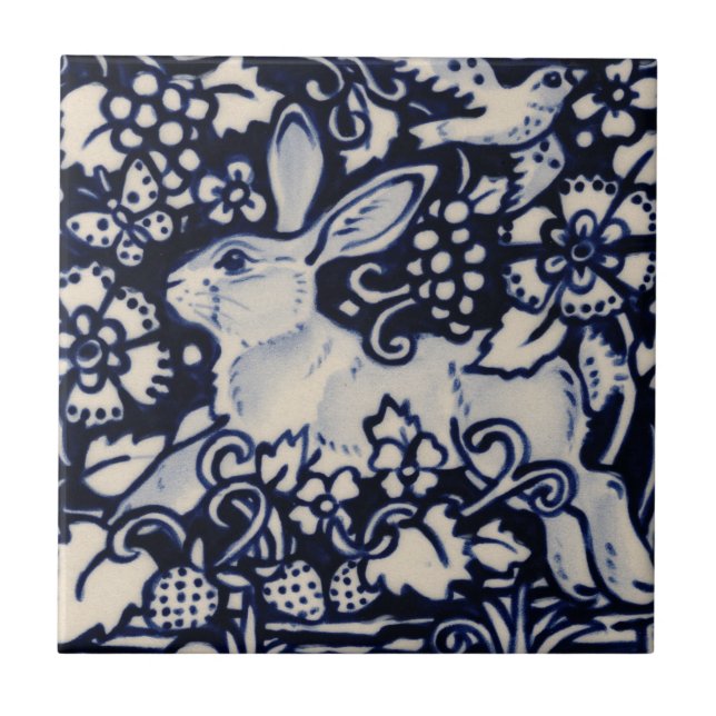 Blue White Rabbit Floral Bird Chinoiserie Berry Ceramic Tile (Front)