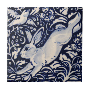 Blue White Rabbit Floral Bird Chinoiserie Cobalt Ceramic Tile