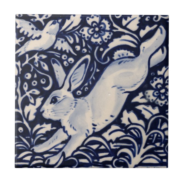 Blue White Rabbit Floral Bird Chinoiserie Cobalt Ceramic Tile (Front)