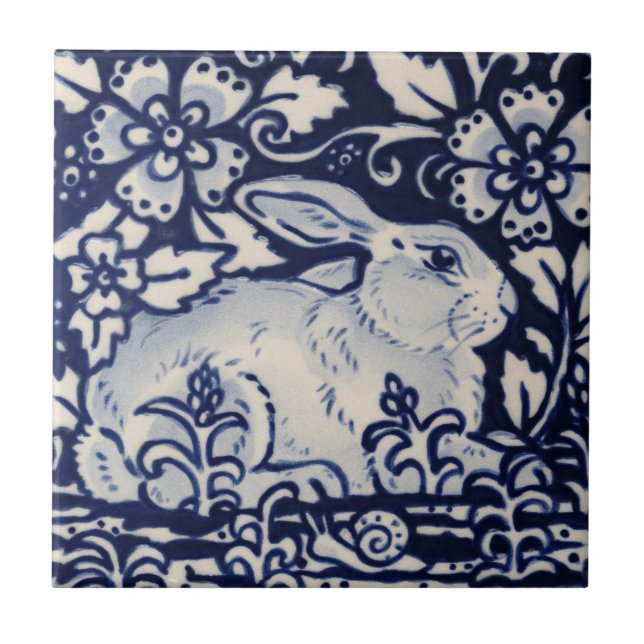 Blue White Rabbit Floral Snail Chinoiserie Cobalt Ceramic Tile (Front)