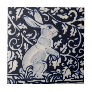 Blue White Rabbit Floral Vine Chinoiserie Cobalt Ceramic Tile