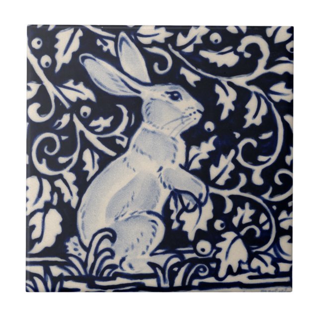 Blue White Rabbit Floral Vine Chinoiserie Cobalt Ceramic Tile (Front)