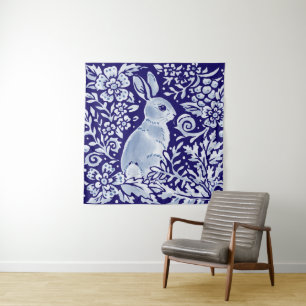 Blue & White Rabbit Floral Woodland Delft Dedham Tapestry