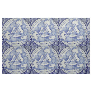 Blue White Rabbit Hare Bird Trio Medallion Fabric