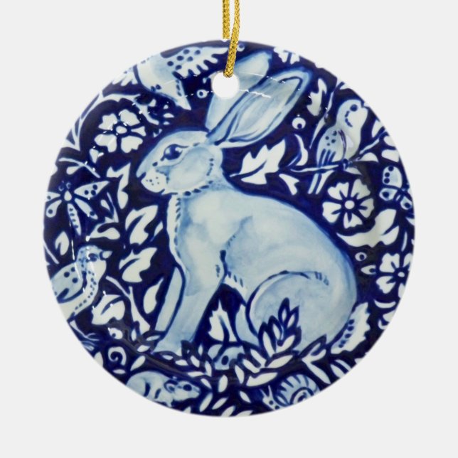 Blue & White Rabbit Hare Bunny Christmas Woodland Ceramic Ornament (Front)