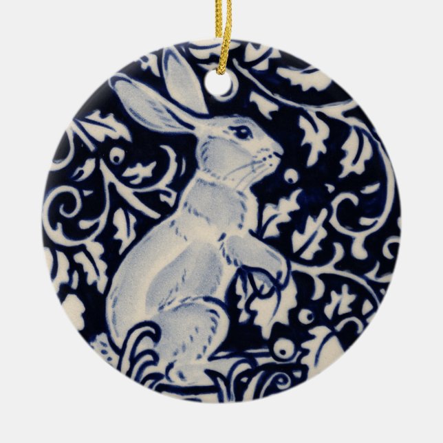 Blue & White Rabbit Hare Bunny Christmas Woodland Ceramic Ornament (Front)