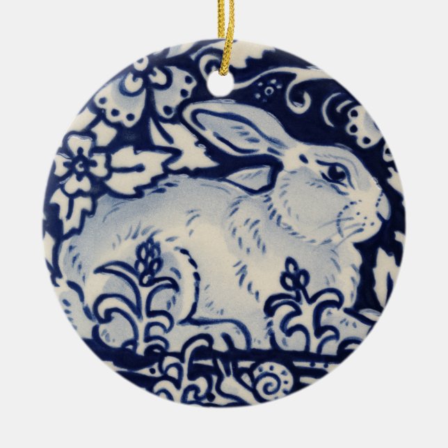Blue & White Rabbit Hare Bunny Christmas Woodland Ceramic Ornament (Front)