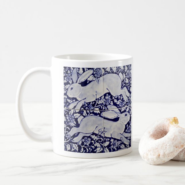 Blue & White Rabbit Hare Duo Woodland Leaves Tile Coffee Mug (With Donut)