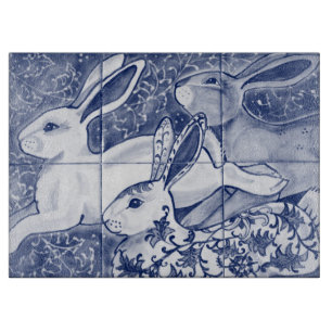 Blue White Rabbit Hare Tiled Chinoiserie Floral Cutting Board