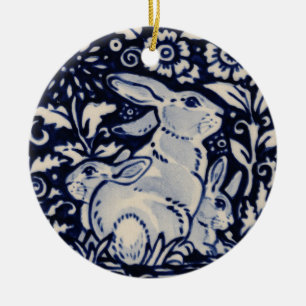 Blue & White Rabbit Mum & Babies Date Custom Ceramic Ornament