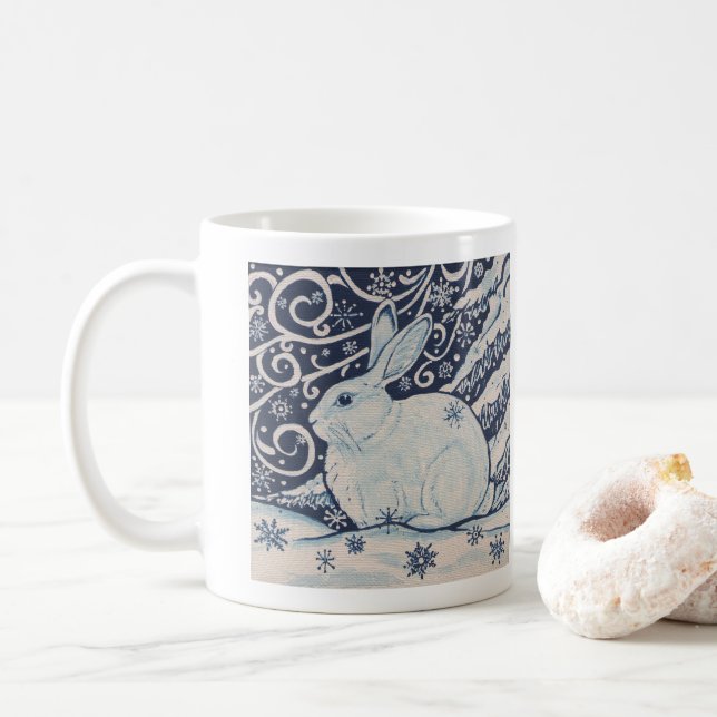 Blue & White Rabbit Painting Winter Woodland Snow Coffee Mug (With Donut)