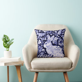 Blue & White Rabbit Pillow, "Dedham Blue" Design Cushion