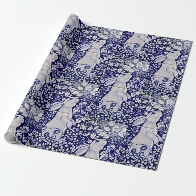 Blue White Rabbit Tile Gift Wrap Art Dedham Cobalt (Unrolled)