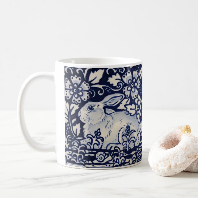 Blue & White Rabbit Tile Woodland Flowers Snail Coffee Mug (With Donut)