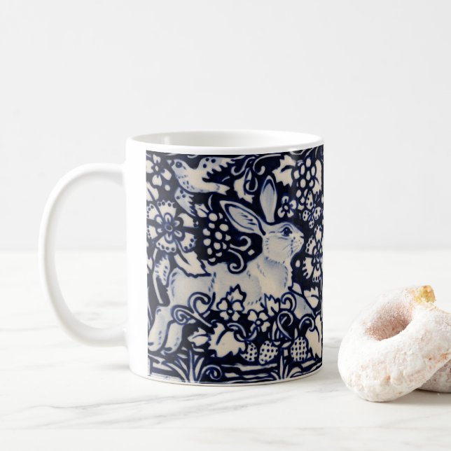 Blue & White Rabbit Tile Woodland Strawberry Bird Coffee Mug (With Donut)