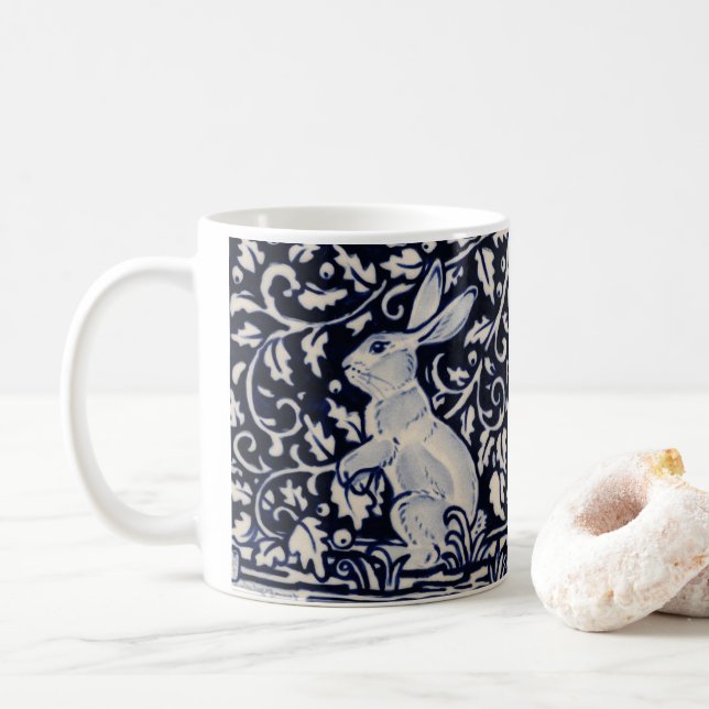 Blue & White Rabbit Tile Woodland Vines Leaf Berry Coffee Mug (With Donut)
