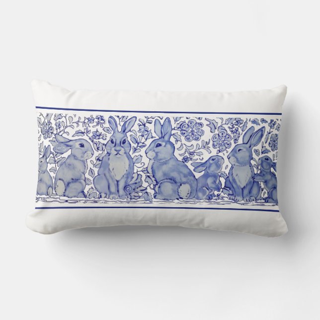 Blue & White Rabbit Woodland Bunny Delft Dedham Lumbar Cushion (Front)