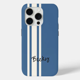 Blue White Racing Stripes Stylish Name iPhone 15 Pro Case